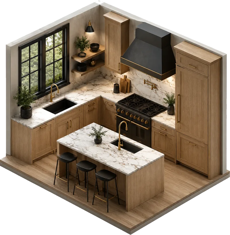 Isometric illustration of home remodeling work on a Greater Boston home