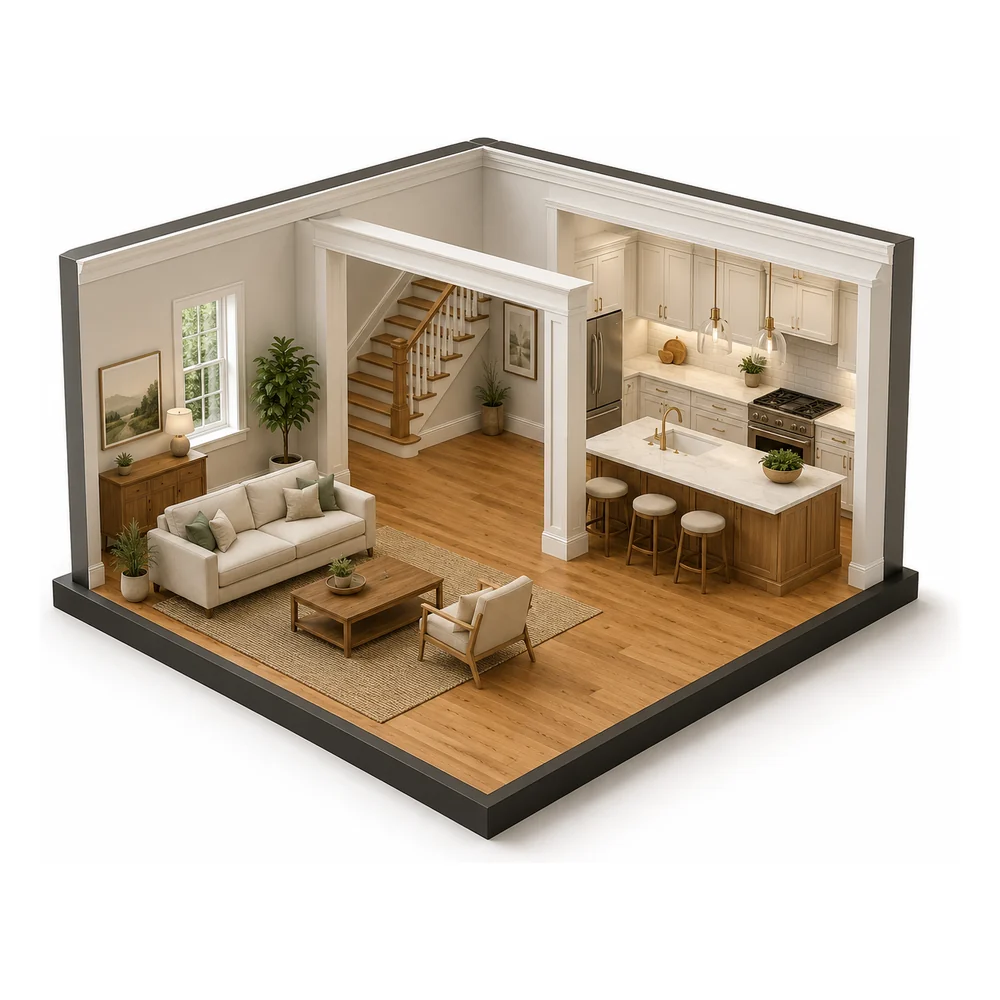 Cutaway illustration of an open plan living room and kitchen after a full interior remodel
