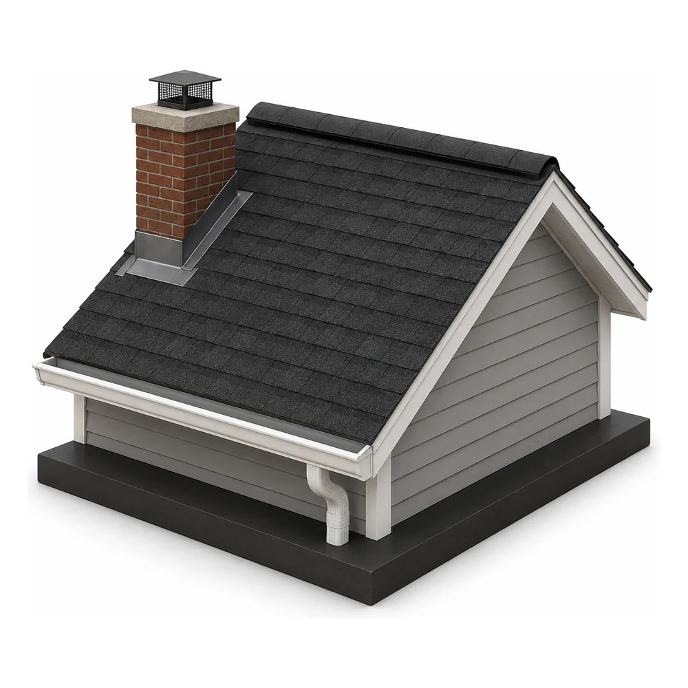 Cutaway illustration of an architectural shingle roof with chimney flashing, ridge vent and gutter