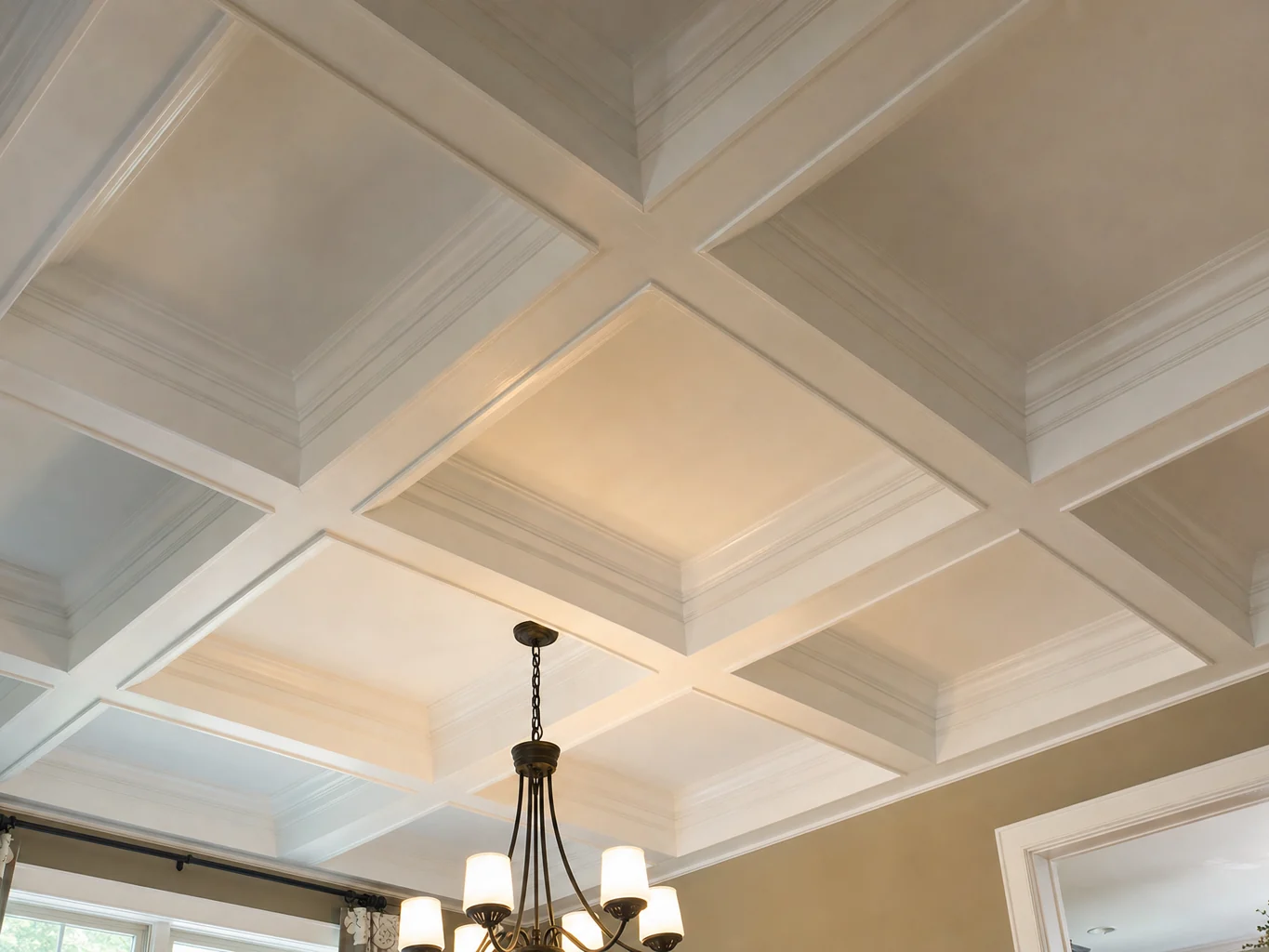 Coffered ceiling with white painted beams