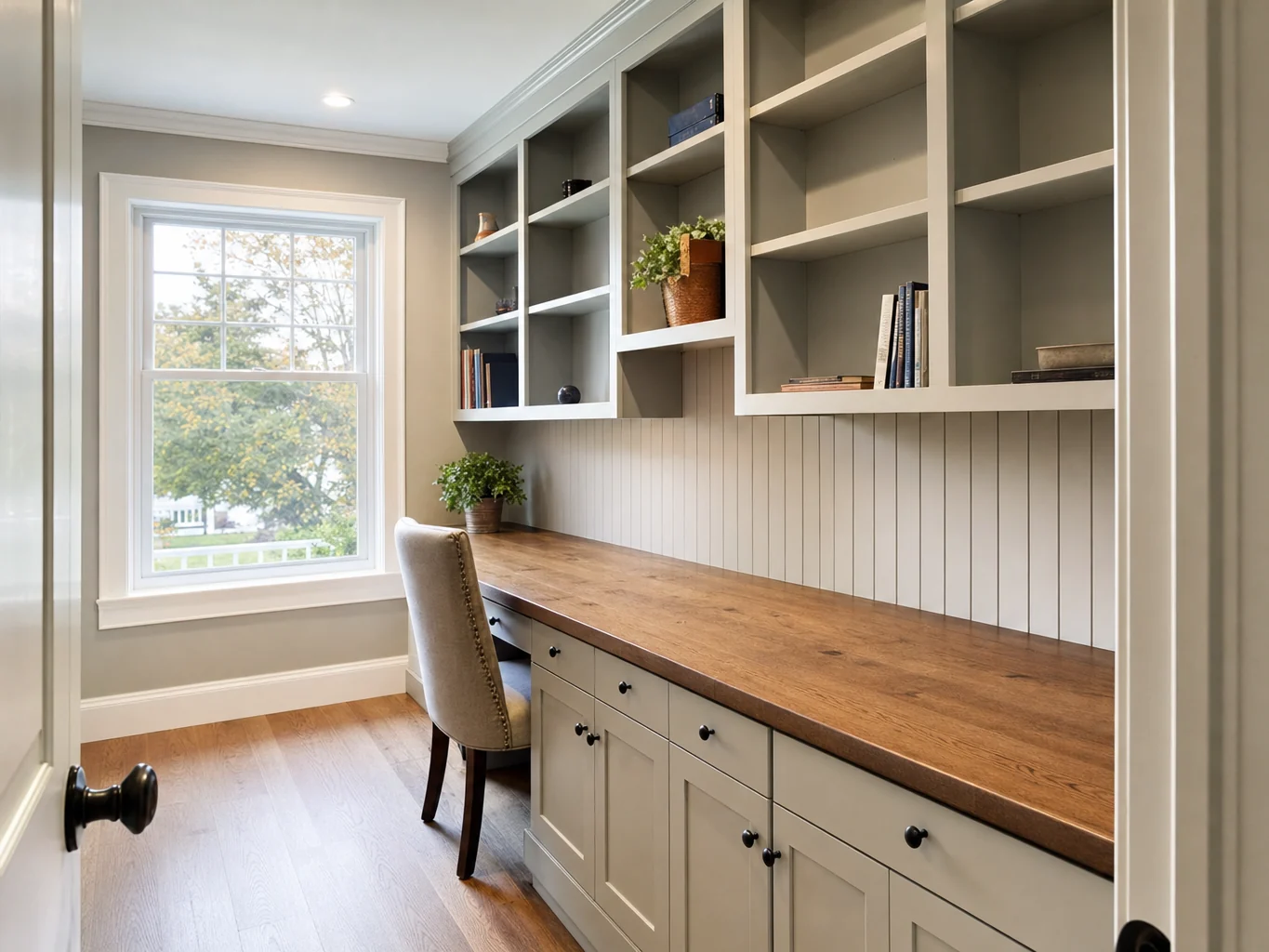 Home office with custom built in desk and open shelving