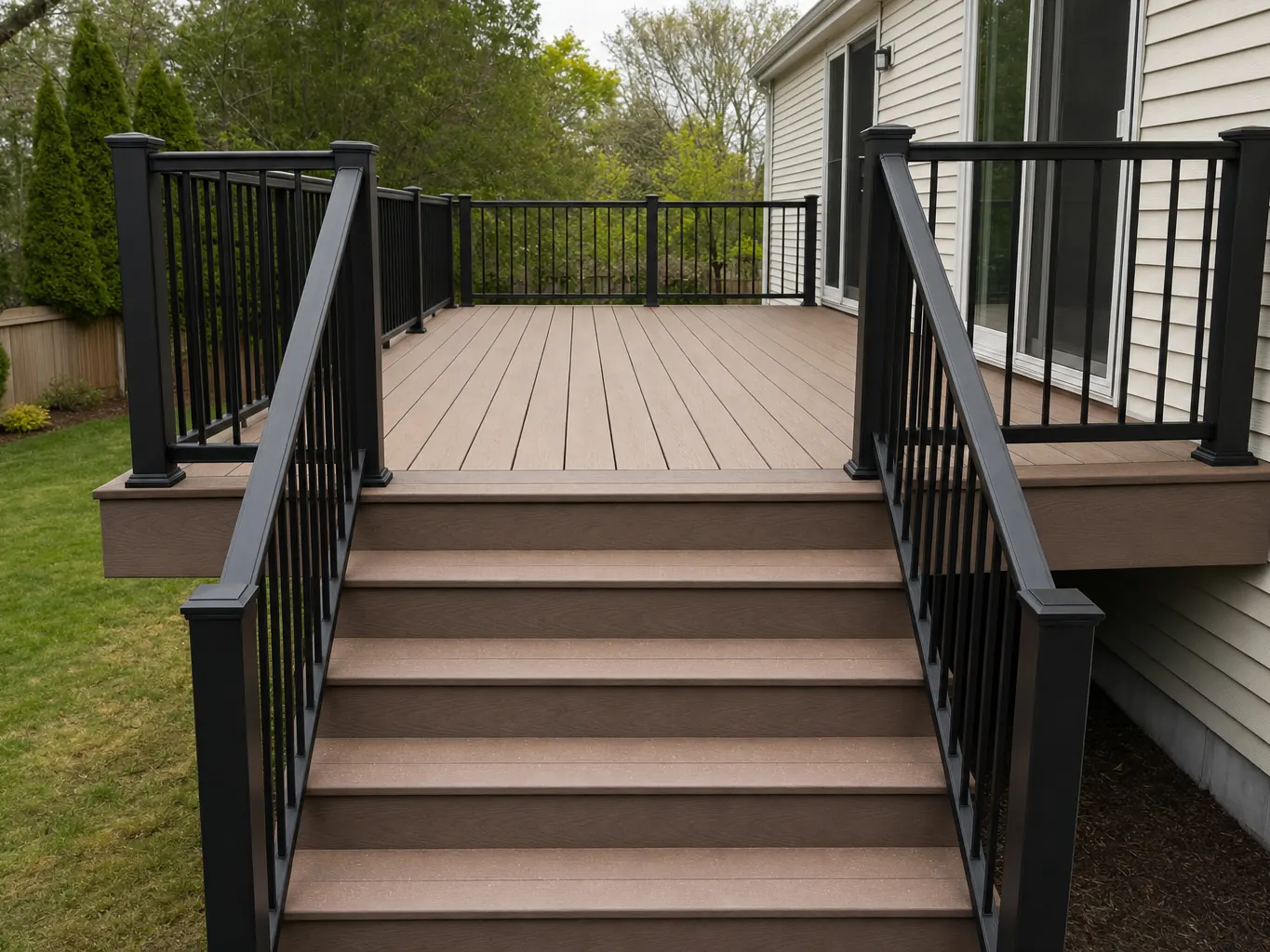 Composite deck with black aluminum railing and wide stairs