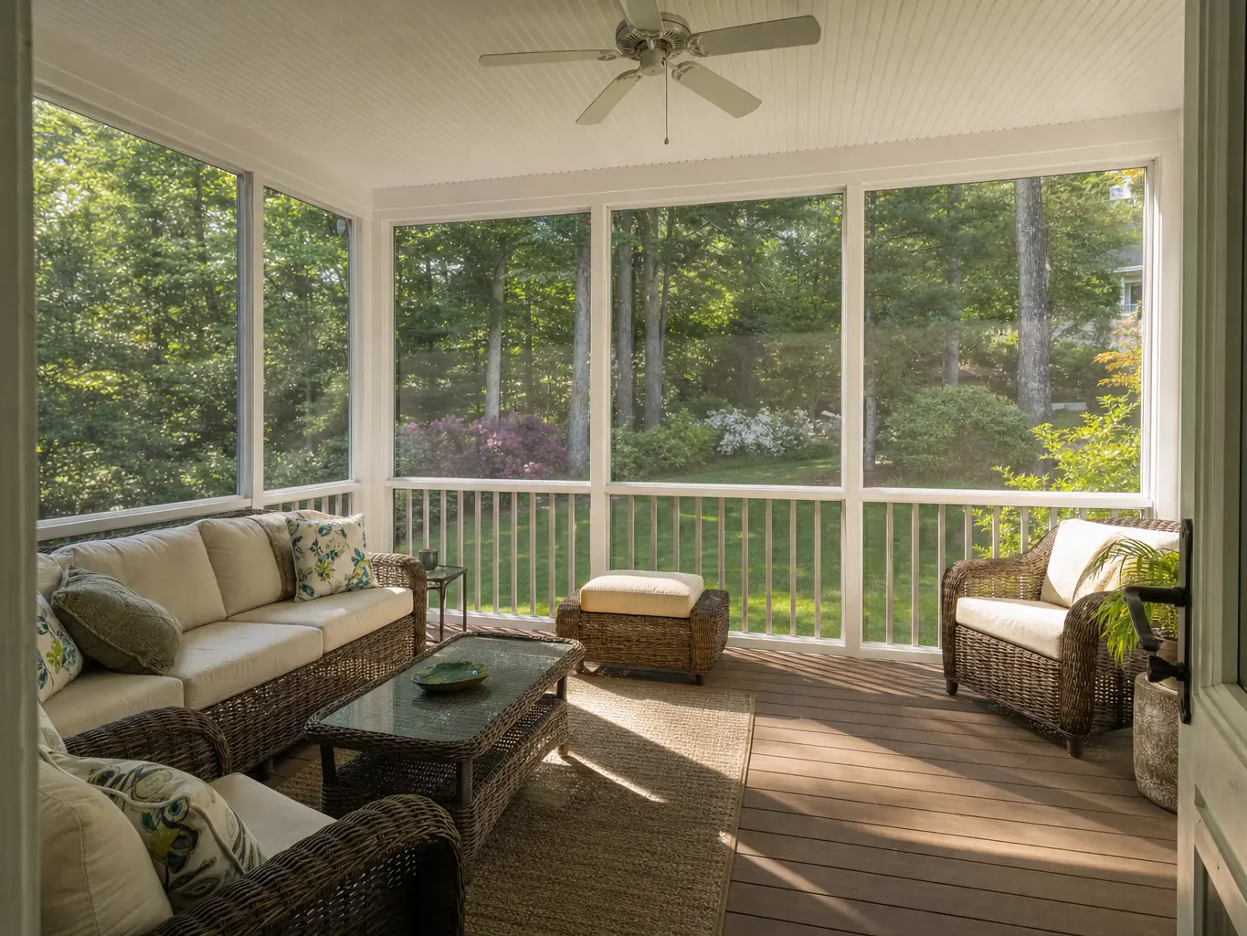 Screened porch with wood plank floor and beadboard ceiling