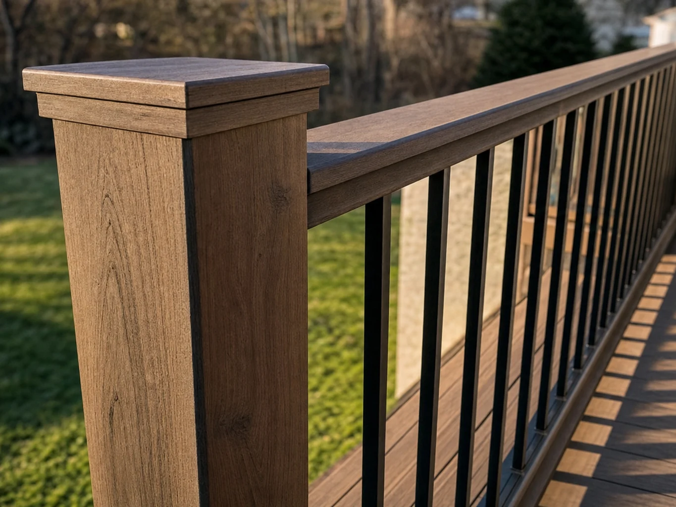 Deck railing corner with square post and aluminum balusters