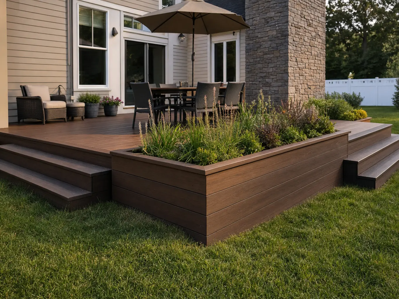 Ground level deck with built in planter and wide steps