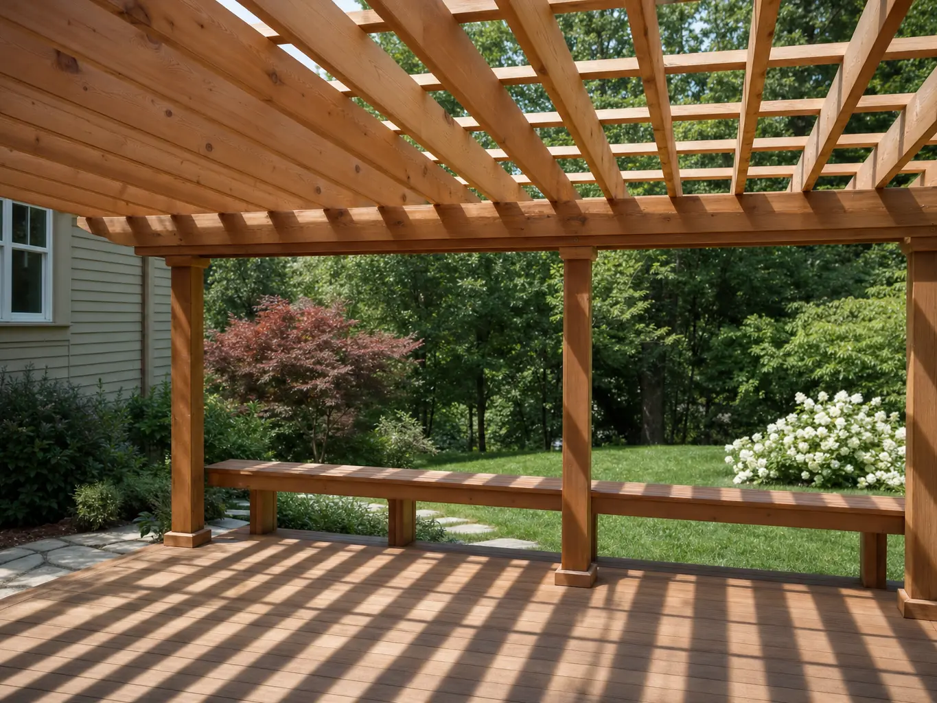 Deck with cedar pergola overhead and a bench along one edge