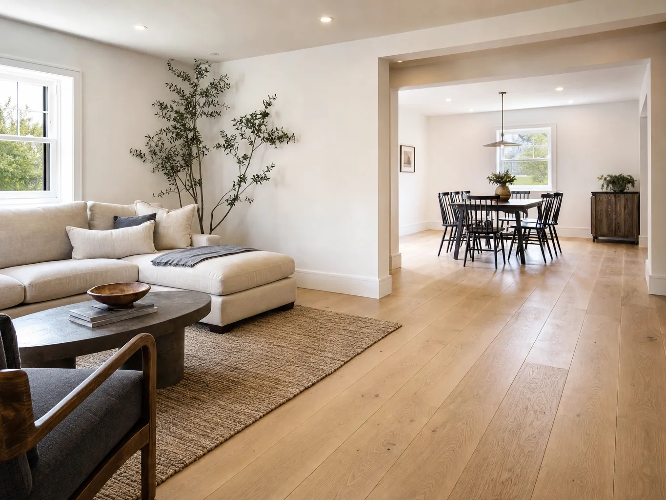 Open concept living and dining area with white oak flooring
