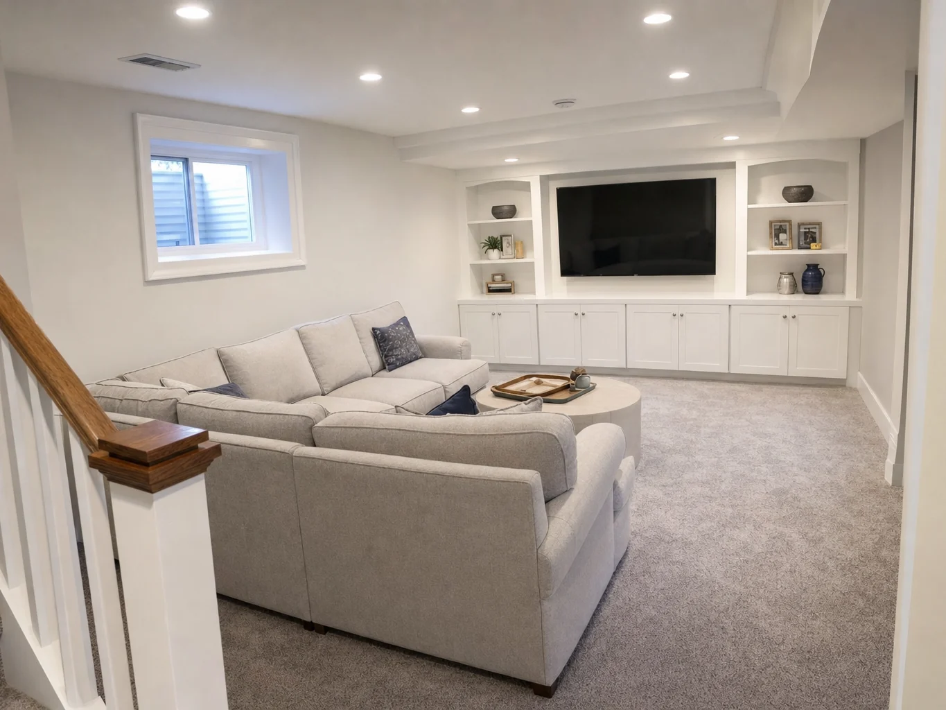 Finished basement family room with built in media cabinet