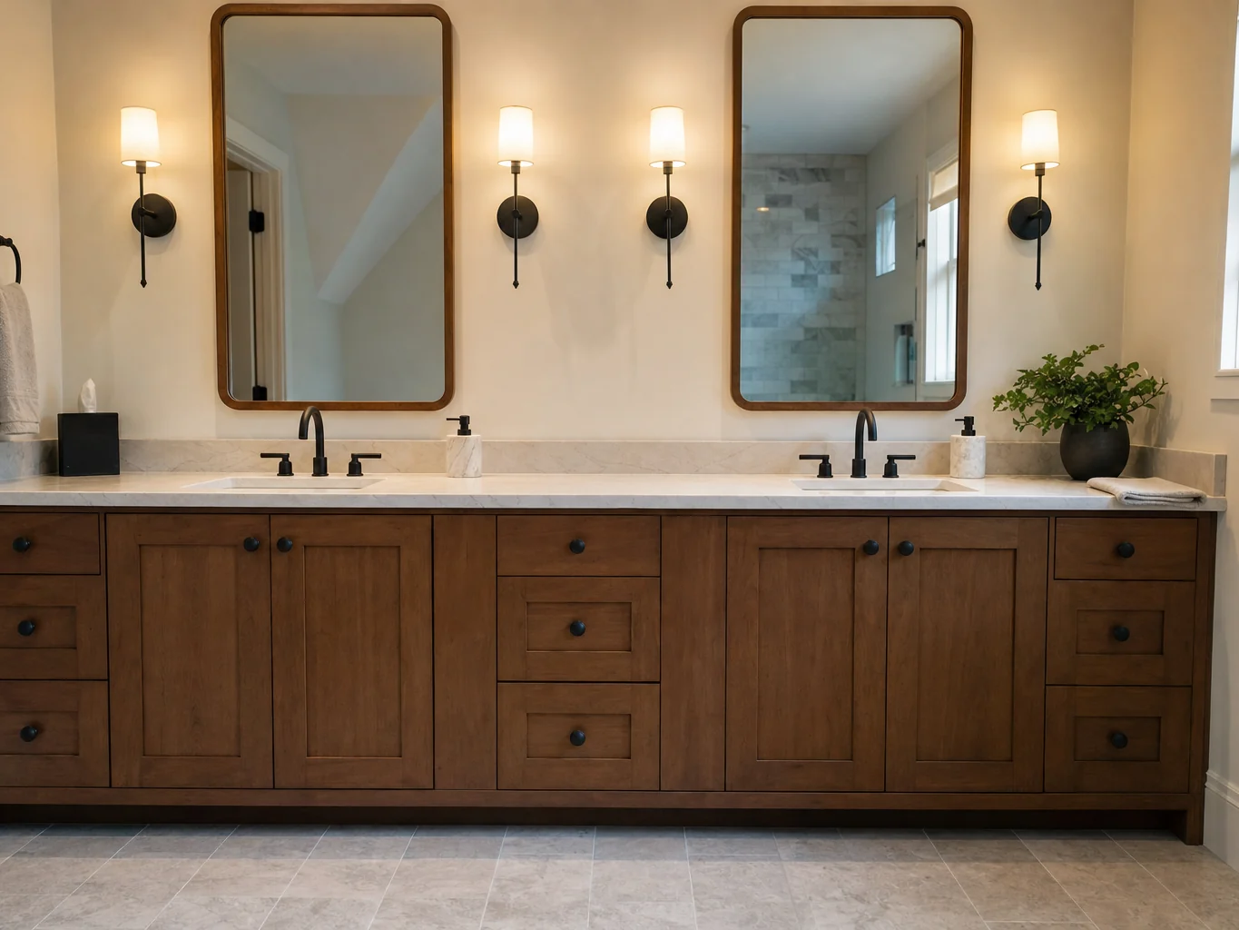 Primary bathroom with double vanity and framed mirrors