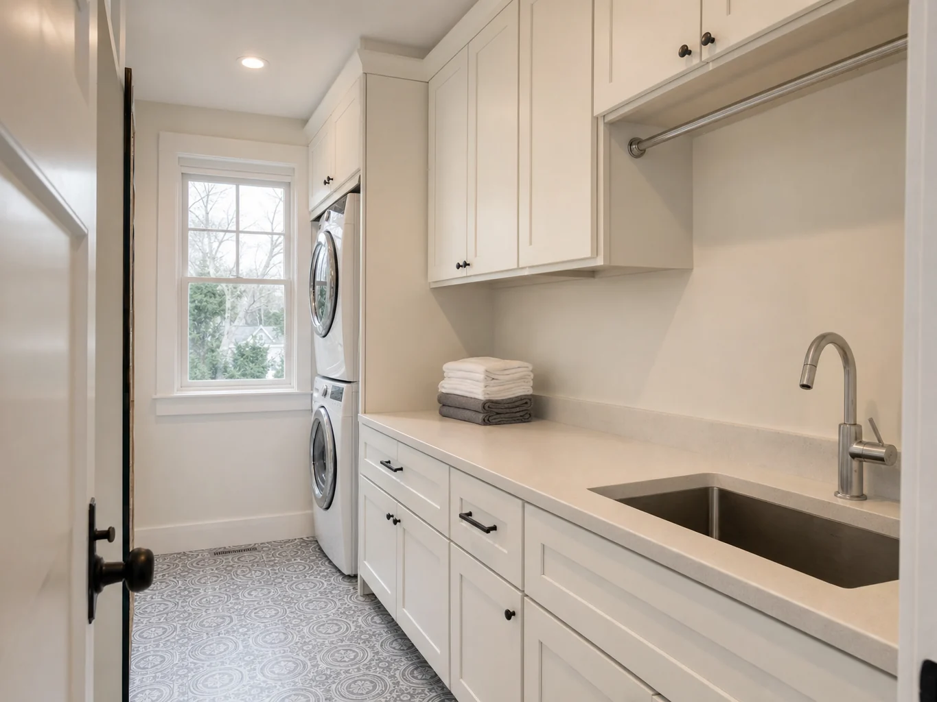 Laundry room with custom cabinetry and patterned tile floor