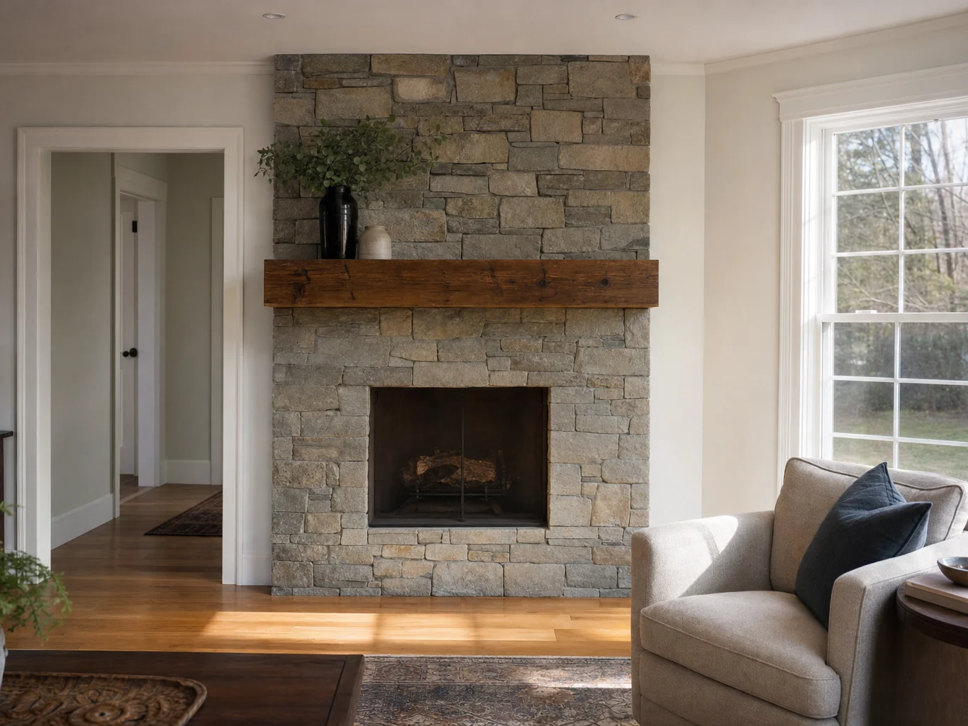Living room with stacked stone fireplace and wood mantel