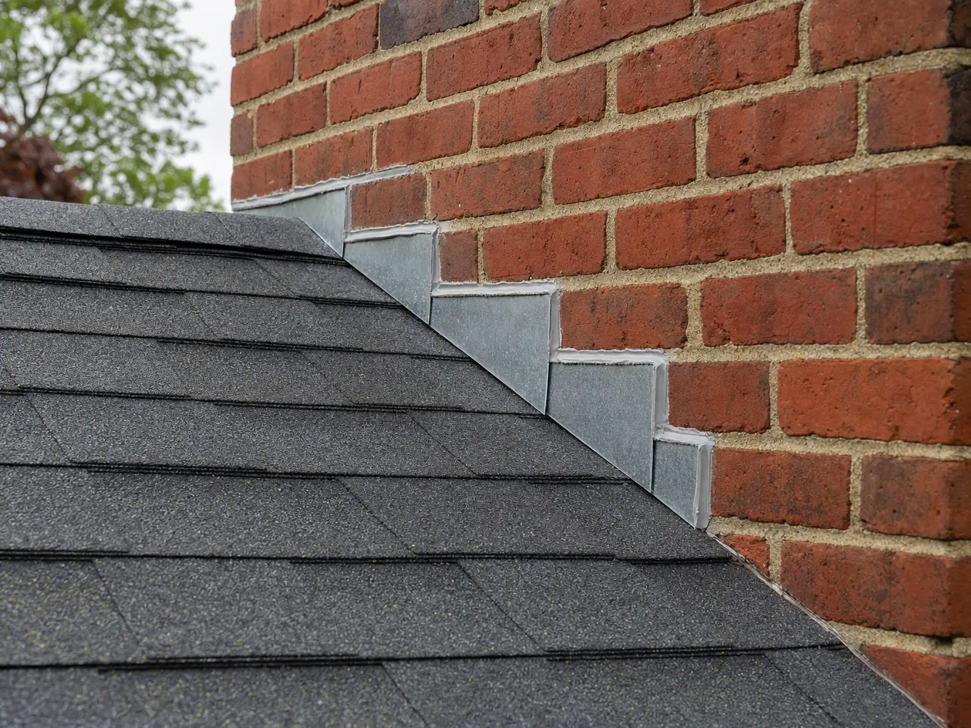 New shingles and step flashing where the roof meets a brick chimney