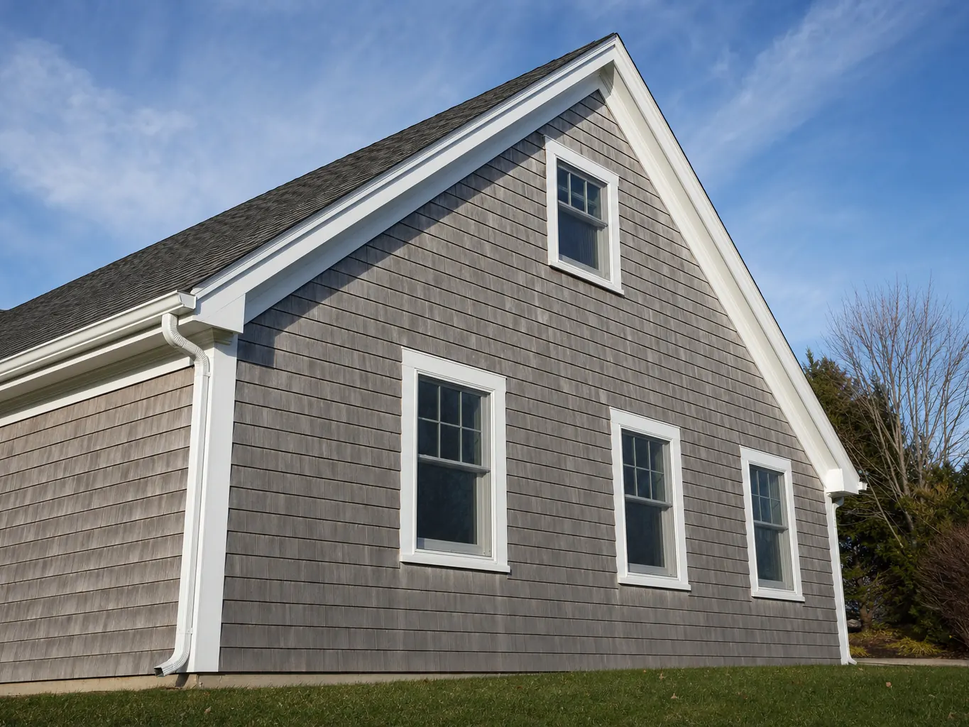 New white fascia, gutter and downspout at the gable end