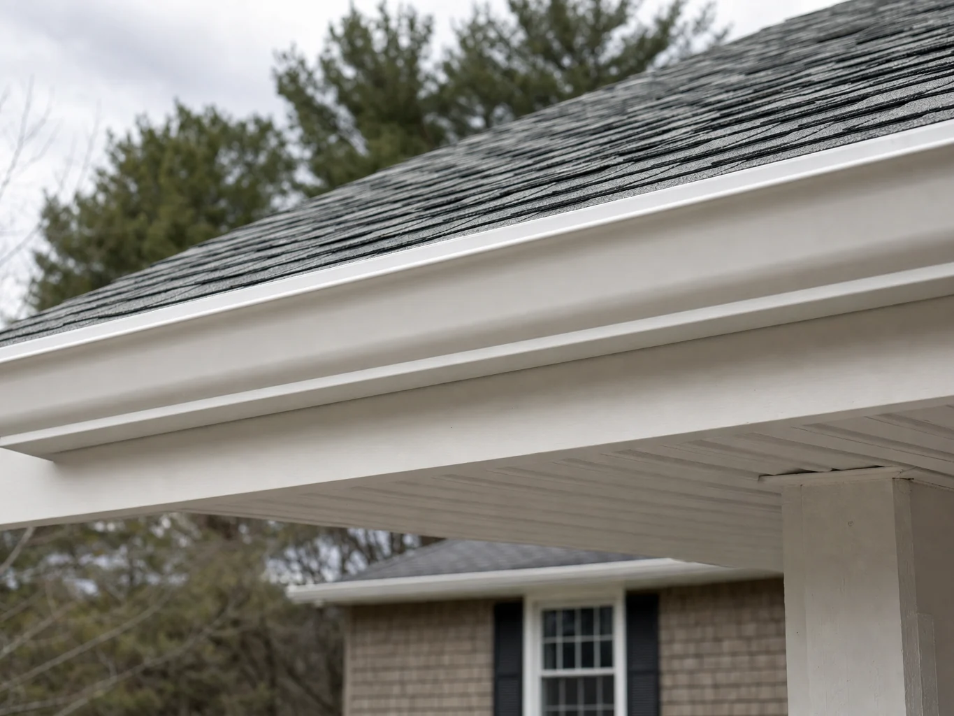 New drip edge, seamless gutter and painted soffit at the eave