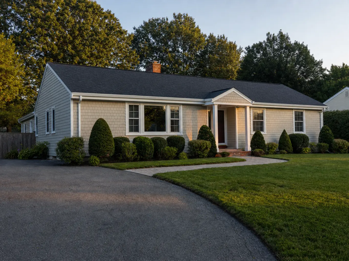 Single story ranch with a new charcoal shingle roof