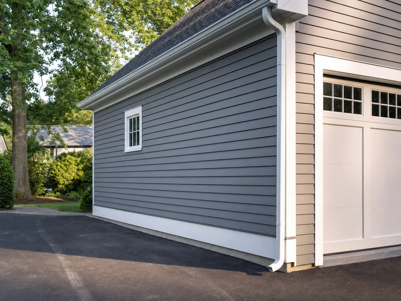 Garage wall finished in fresh grey lap siding