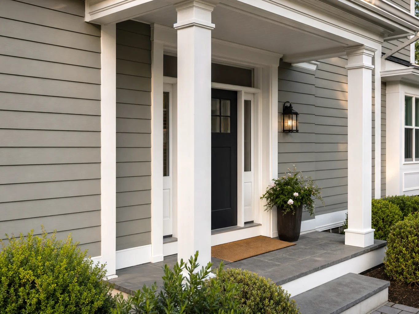Covered entry portico with new siding and white columns