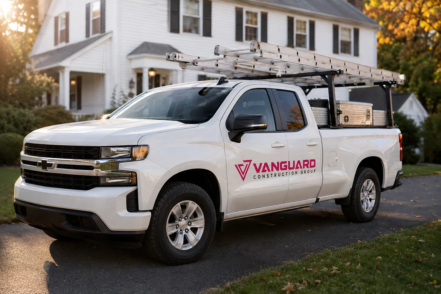 Vanguard Construction Group pickup truck with a ladder rack parked in a New England driveway