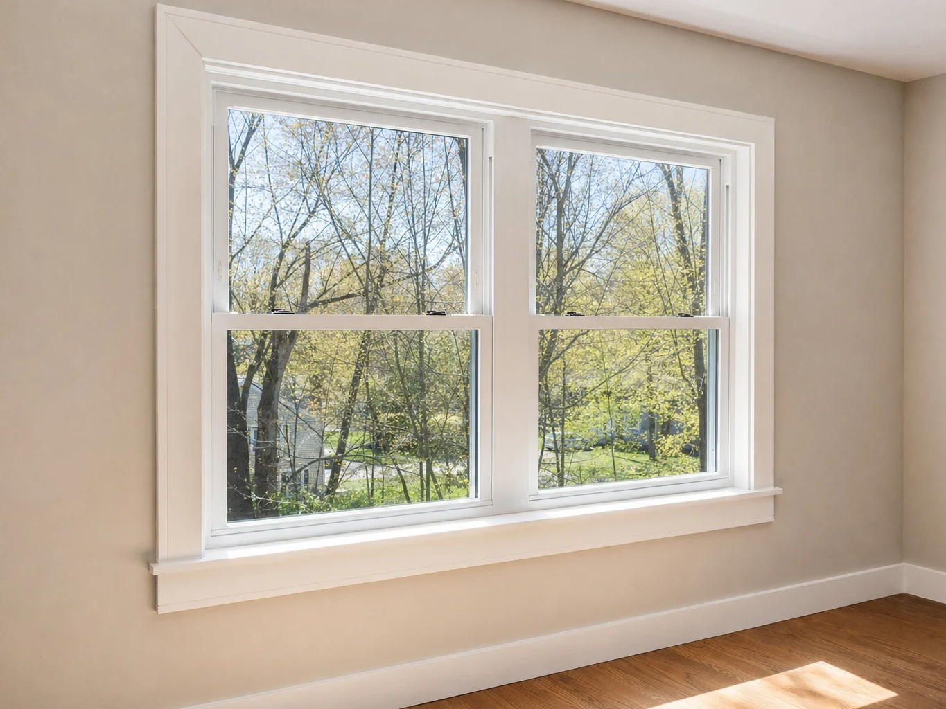 Interior view of a new window with fresh white trim