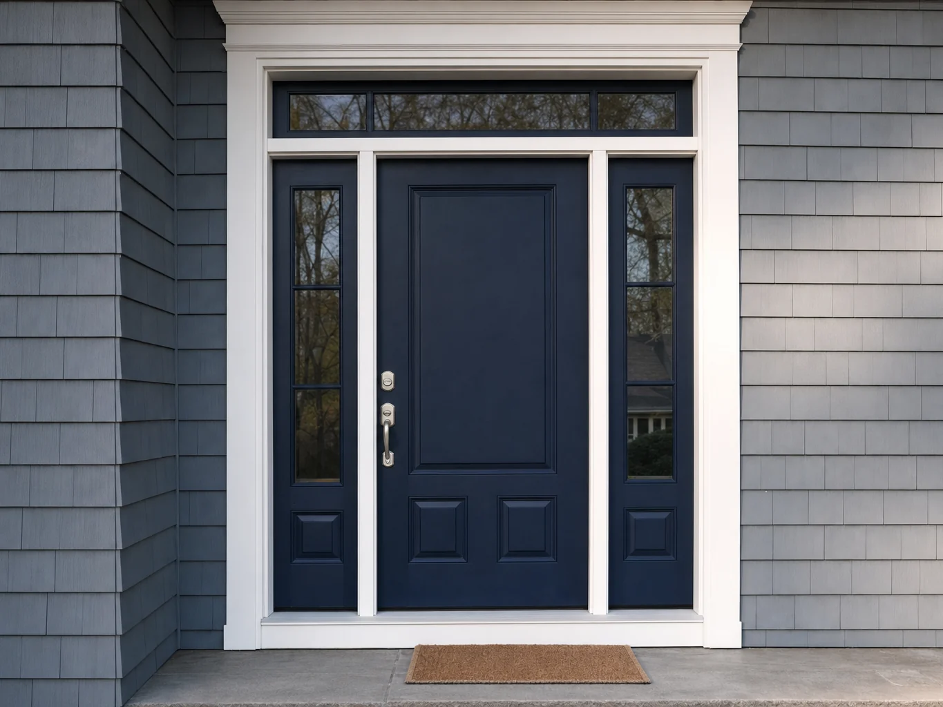 New navy front entry door with sidelights and transom
